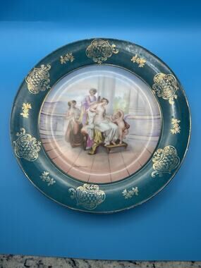 Antique Victoria Austria Porcelain Portrait Plate Green Gold Gilt Classical Scen